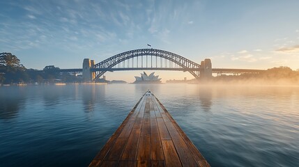 Obraz premium Sydney Harbour sunrise, mist, bridge, opera house