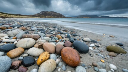 Rocky beach covered with colorful pebbles and smooth stones