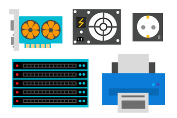 Set of Computer Part like Power Supply, Electric Socket, Printer, VGA or GPU, Switch Hub Rack