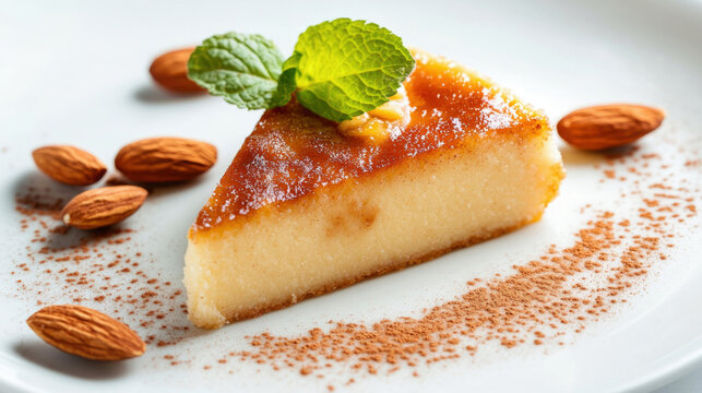  Traditional Portuguese almond cake slice with cinnamon, toucinho do c u dessert garnished with mint leaves and almonds