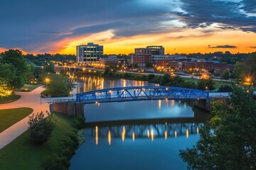 Obraz premium vibrant skyline of Kentucky's capital city, Frankfort, is captured in a photo of the cityscape with its iconic blue bridge at dusk, reflecting in the river and surrounded by skyscrapers Generative AI