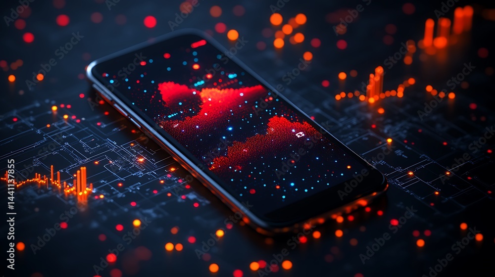 Poster complex data visualization displayed on a modern mobile phone.