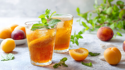 Fototapeta premium Refreshing summer drinks with apricots and mint served on a sunny afternoon