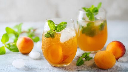 Refreshing summer drinks with apricots and mint served on a sunny afternoon