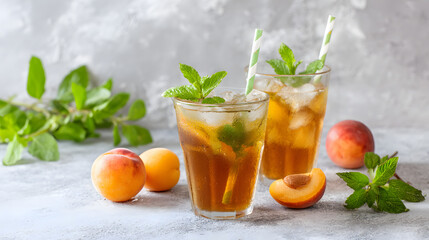Fototapeta premium Refreshing summer drinks with apricots and mint served on a sunny afternoon