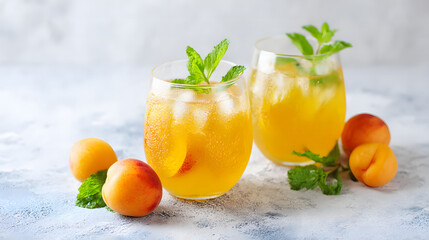 Refreshing summer drinks with apricots and mint served on a sunny afternoon