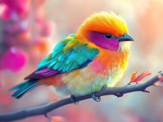 Obraz premium Colorful bird perched on branch, spring blossom background, nature scene, vibrant plumage