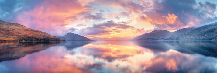 A beautiful sunset over a lake with mountains in the background