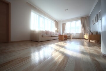 Obraz premium Bright and airy living room interior featuring a modern sofa, wooden floors, large windows, and soft, natural light creating a welcoming and comfortable space.