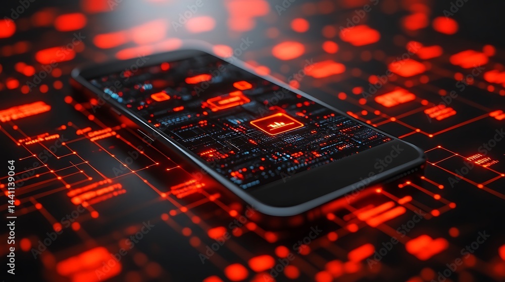 Poster modern smartphone displayed on a complex circuit board.
