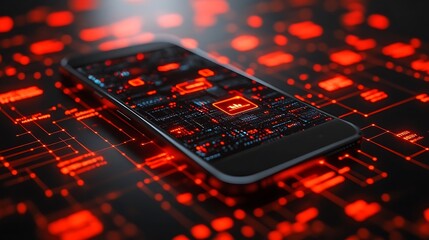 Modern smartphone displayed on a complex circuit board.