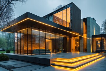 Obraz premium A luxurious modern home with sleek architecture, illuminated by warm lighting, featuring large glass windows and a minimalist design, surrounded by natural scenery and modern landscape.