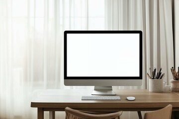 Fototapeta premium Isolated computer monitor with a blank white screen on a wooden desk, perfect for showcasing digital designs or presentations. Ideal for mockup, workspace, or technology-related projects in a
