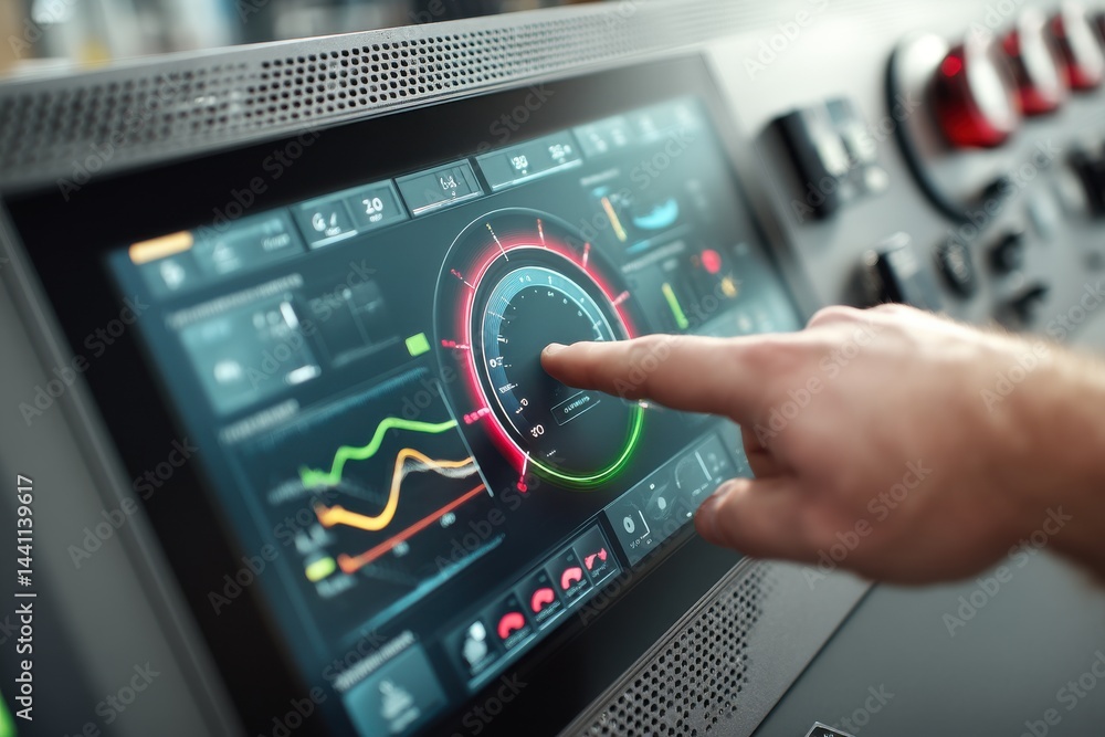 Poster close-up of a touch screen display with vibrant graphs and data being operated by a person's finger,