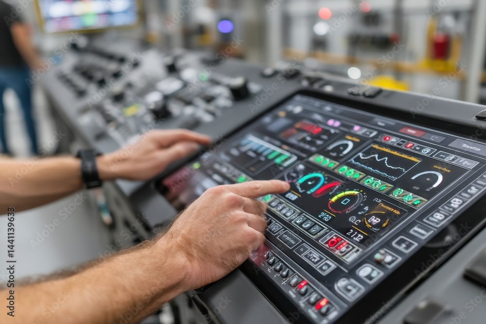 Poster close-up of male hands interacting with a sophisticated control panel, featuring a touch screen inte