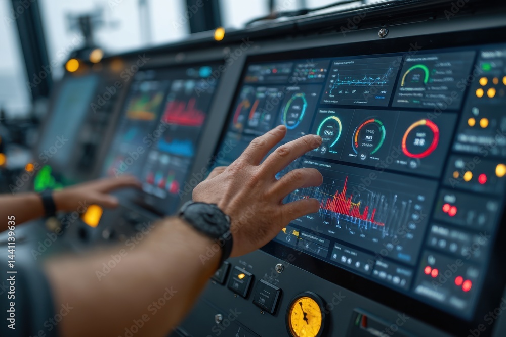 Poster close-up of a modern control panel displaying digital data and graphs, operated by a hand with a wat