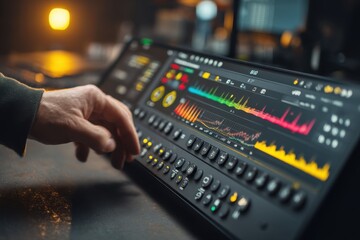 Fototapeta premium Close-up of a hand operating a sophisticated audio mixing console, showcasing a detailed interface with colorful sound waves and multiple knobs, indicating professional audio engineering.