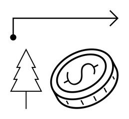 Pine tree, coin with dollar sign, and upward arrow concept highlight growth, sustainability, and progress. Ideal for environment, economy, finance, eco-business green energy investment goals