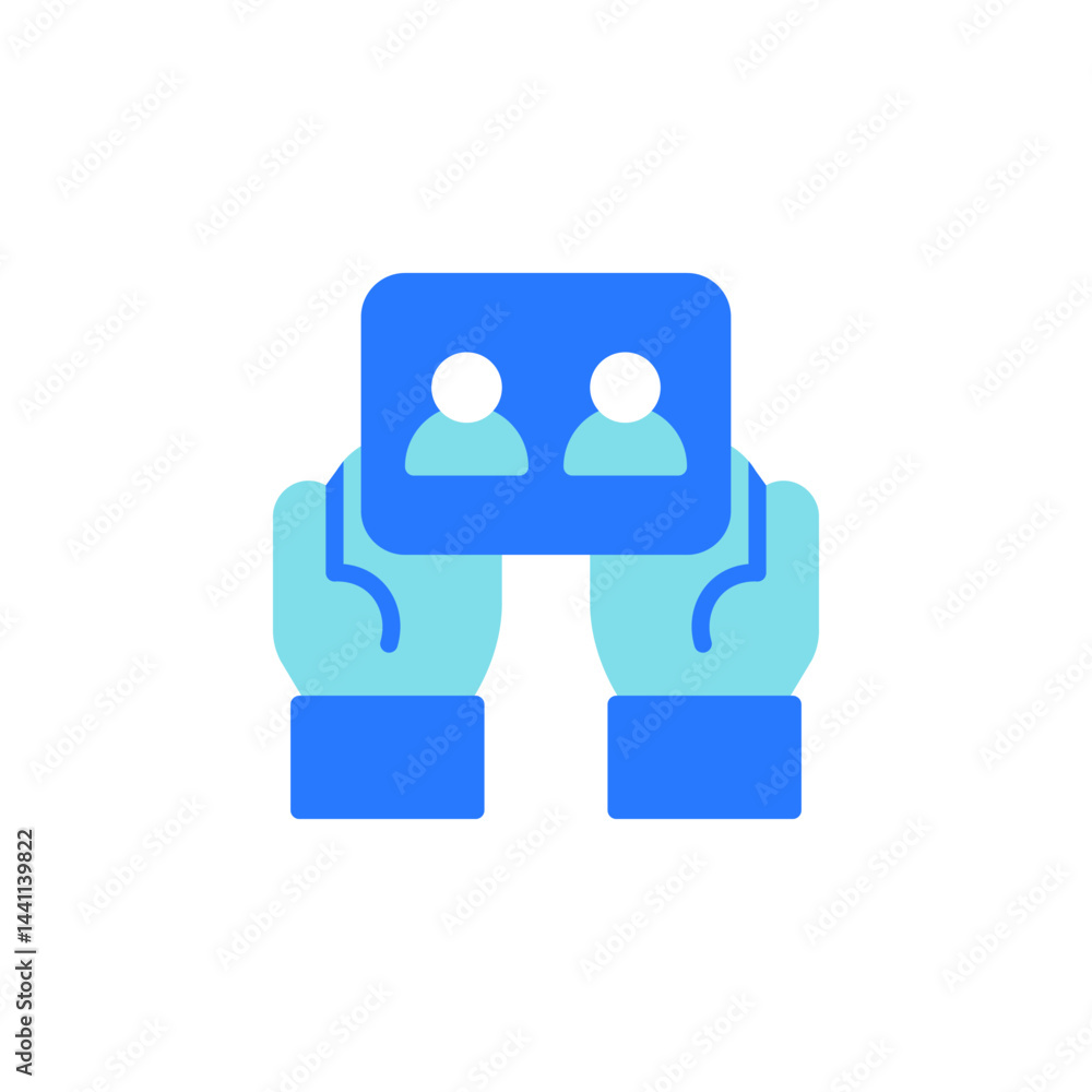 Poster hands holding business card icon demonstrating teamwork and collaboration in a professional setting 