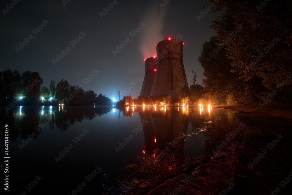 Poster night view of a power plant reflected in a lake, surrounded by trees and illuminated by artificial l