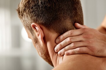 Fototapeta premium A man receiving professional neck massage therapy, focusing on muscle relief and stress reduction, under the hands of a skilled practitioner in a serene environment.