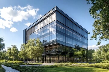 Obraz premium Modern Glass Office Building with Landscaping