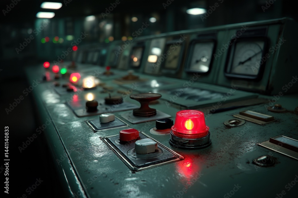 Poster close-up of a complex industrial control panel with analog gauges and glowing lights, showcasing mac