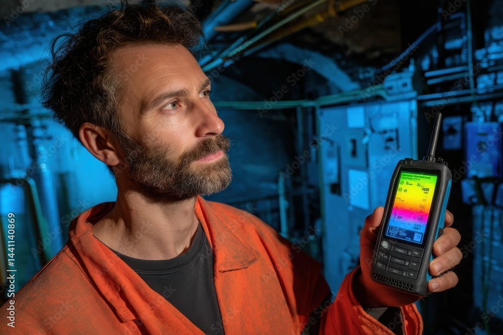 Poster a maintenance engineer is checking the electrical system with a thermal imaging device, ensuring saf