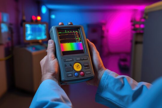 Close up of a handheld spectrometer for research and development, presenting detailed data analysis, with multicolored graph for precise analysis and science applications.