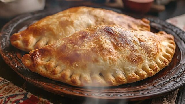Karelian pasty on the table with smoke around