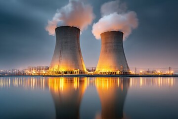 Two towering nuclear power plant cooling towers reflect on the calm water during dusk, emitting smoke into the sky, next to other electrical infrastructure.