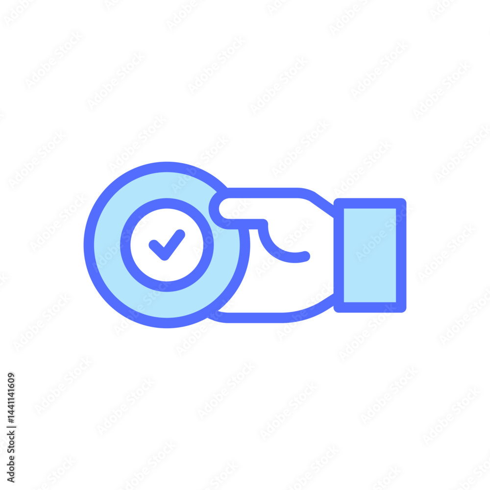 Aufkleber icon of a hand holding a checkmark symbol representing approval and success in teamwork and business