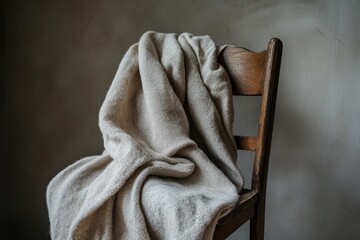 A closeup shot of a wooden chair covered with a soft blanket