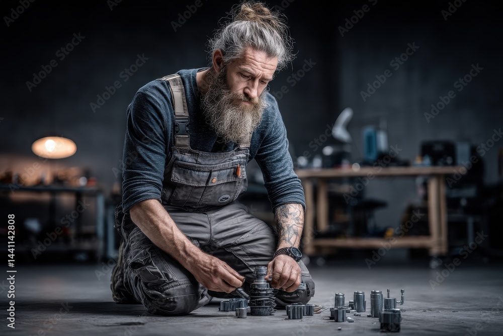 Poster a skilled mechanic meticulously assembles complex metal components in a workshop, ensuring each part