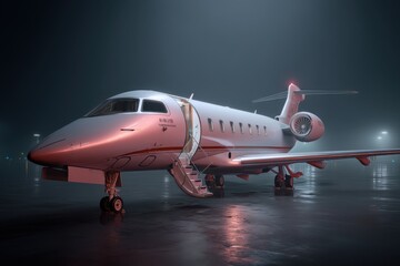 Obraz premium A luxurious private jet gleaming on a wet tarmac at night, door open with steps down, offering a glimpse into high-end travel and exclusive transportation.