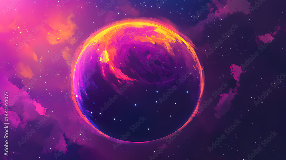 Wall mural dark planet glowing. golden nebula shines around a sphere. space dust floats in deep sky. outer spac