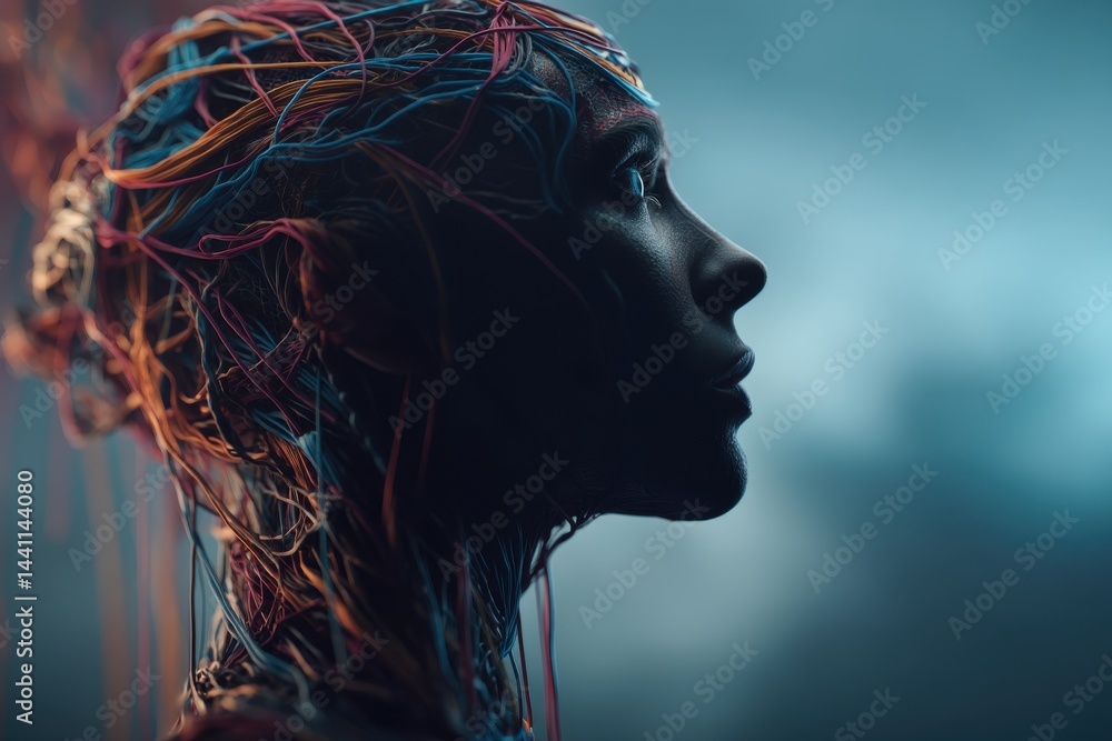 Poster mysterious and intriguing portrait of a person with interconnected vibrant wires, symbolizing techno