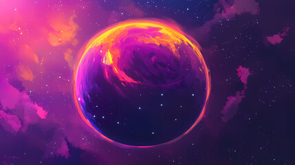 Fototapeta premium Dark planet glowing. golden nebula shines around a sphere. space dust floats in deep sky. outer space scenery with planet. Ether Ember. Illustration