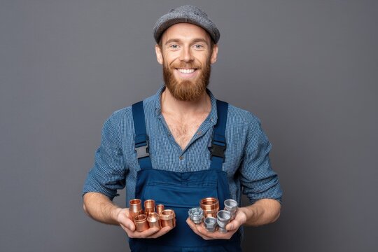 Smiling plumber in work overalls holding pipe fittings, showcasing his expertise and offering reliable plumbing solutions with a professional touch for your home.