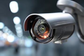Close-up of a modern surveillance camera mounted indoors, with blurred background, providing enhanced security and monitoring for effective crime prevention and safety.