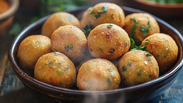 Dish of roasted wheat balls stuffed with spiced gram flour called litti chokha bihari with smoke around
