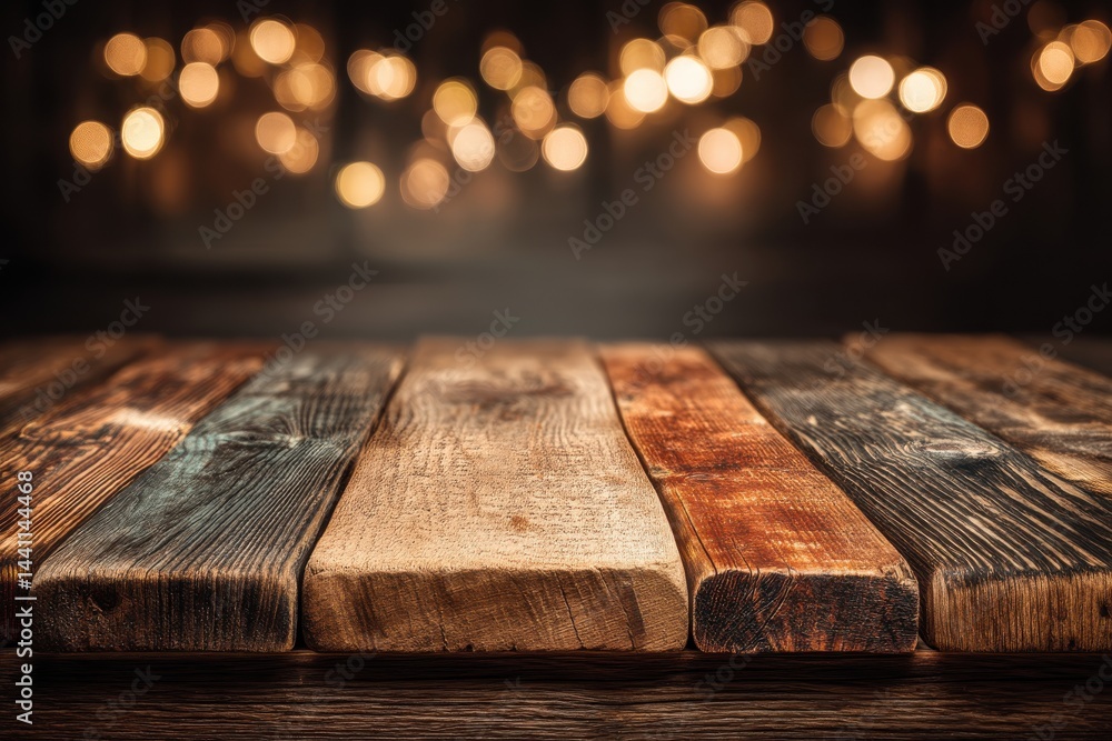 Poster a rustic wooden table surface with a blurred background of festive golden lights, creating a cozy an