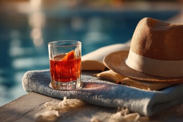 A refreshing cocktail sits beside a pool with a straw hat and book, creating a relaxing and luxurious vacation vibe, under the warm summer sun, ideal for advertising.