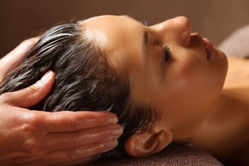 Relaxing scalp massage for a beautiful woman, spa treatment to promote hair health, and well-being, with hands massaging oily hair in a tranquil setting.