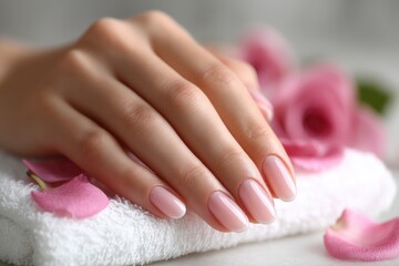 Fototapeta premium Elegant woman's hand with a fresh manicure resting on a soft towel, surrounded by delicate pink roses for a spa and beauty concept photoshoot.