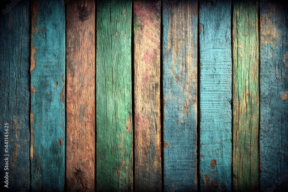 Poster a rustic wooden background featuring a vibrant array of colored planks in blue, green and brown, sho