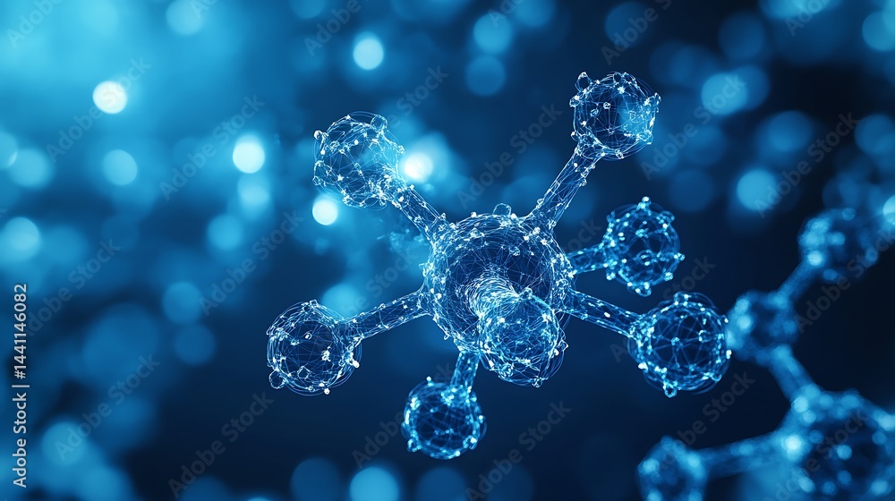 Poster close-up of a blue molecular structure with blurred bokeh background