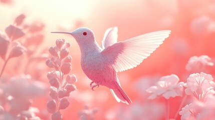 Obraz premium Delicate hummingbird in soft pink flowers. A serene and ethereal scene of a hummingbird, wings outstretched, amidst a field of pastel pink flowers bathed in soft sunlight