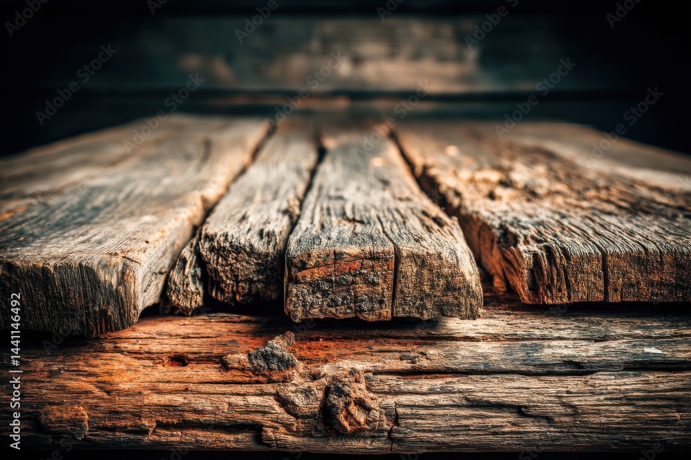 Poster close-up of weathered wooden planks showing texture and warm tones, creating an aged and rustic back