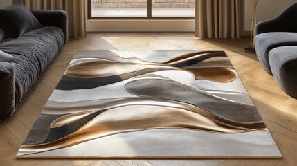 Modern abstract rug in neutral tones, featuring flowing lines and sculpted textures.  A sophisticated piece for a contemporary living room
